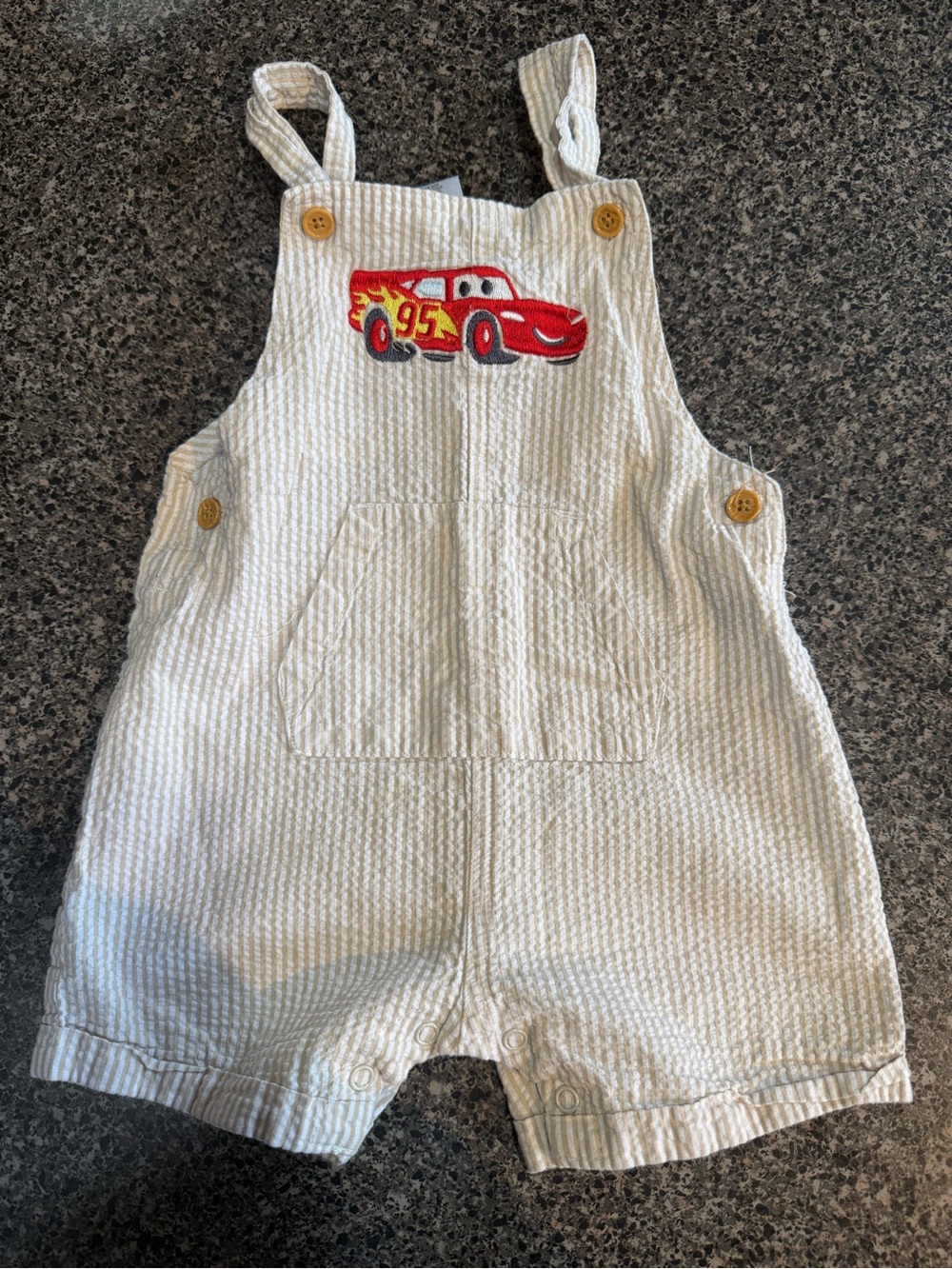 Disney Cream Striped Overalls with Red Car Patch